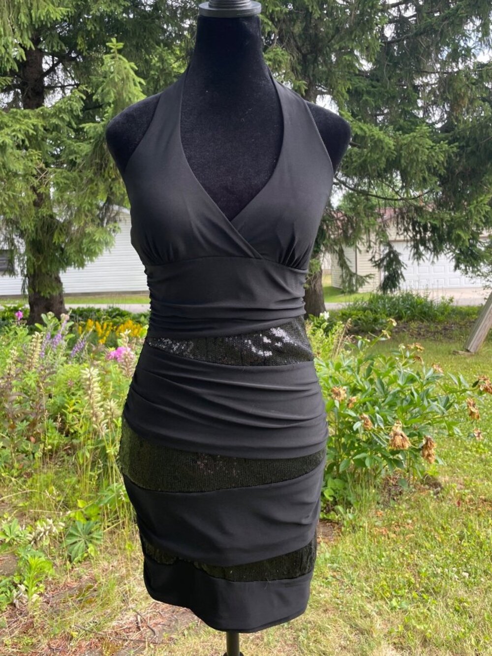 Vintage Y2K 90s Taboo Bodycon Dress Black Ruched Halter Sequin Womens M Alt Girl